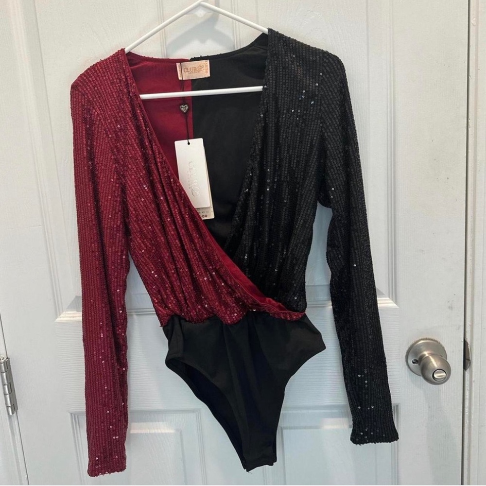 Club L London Sequin Wrap Bodysuit - Red & Black Long Sleeve